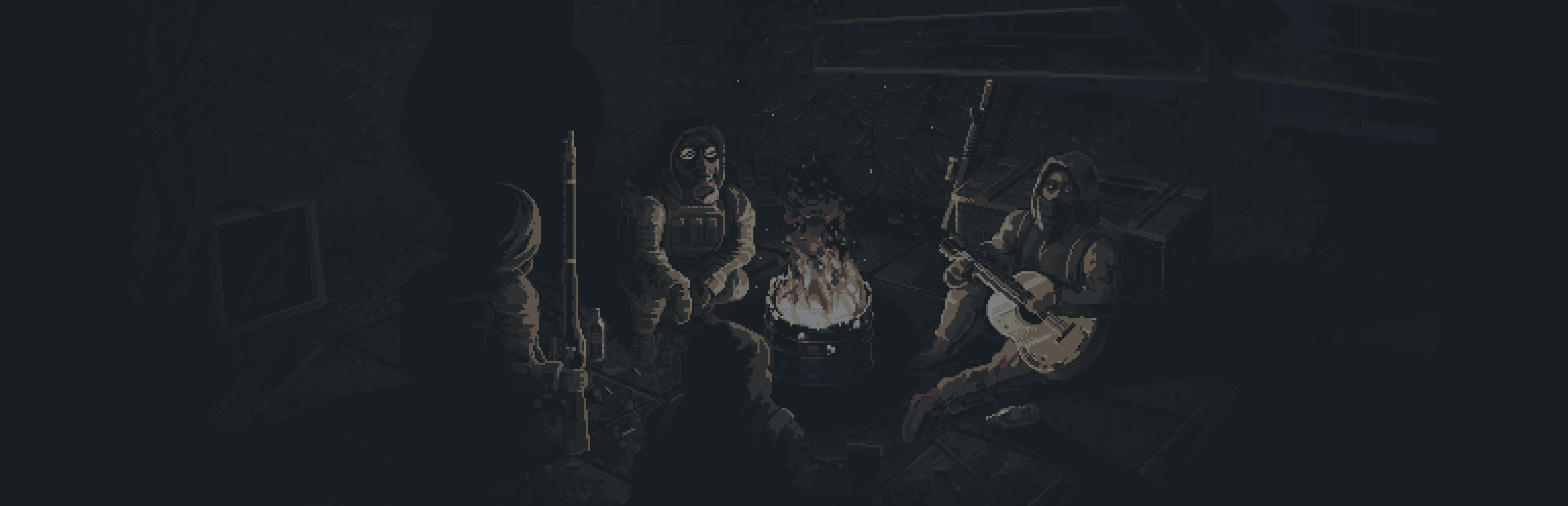 Scavland survivors gathered around a campfire